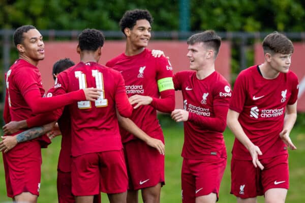 LIVERPOOL, ENGLAND - Tuesday, October 4, 2022: Liverpool's Oakley Cannonier (2nd L) celebrates scoring the opening goal with team-mates during the UEFA Youth League Group A Matchday 3 game between Liverpool FC Under-19's and Glasgow Rangers FC Under-19's at the Liverpool Academy. (Pic by Jessica Hornby/Propaganda)