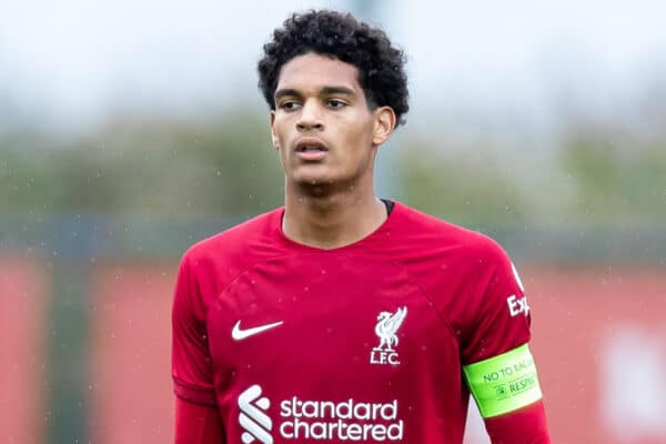 LIVERPOOL, ENGLAND - Tuesday, October 4, 2022: Liverpool's captain Jarell Quansan during the UEFA Youth League Group A Matchday 3 game between Liverpool FC Under-19's and Glasgow Rangers FC Under-19's at the Liverpool Academy. (Pic by Jessica Hornby/Propaganda)