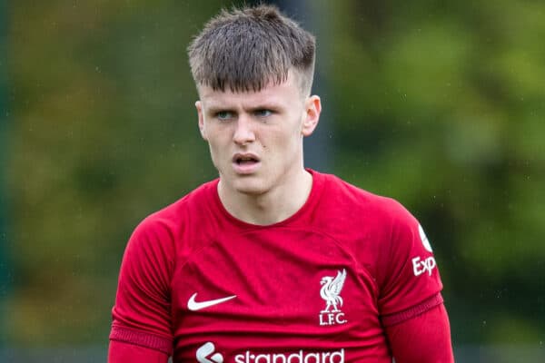 LIVERPOOL, ENGLAND - Tuesday, October 4, 2022: Liverpool's Ben Doak during the UEFA Youth League Group A Matchday 3 game between Liverpool FC Under-19's and Glasgow Rangers FC Under-19's at the Liverpool Academy. (Pic by Jessica Hornby/Propaganda)