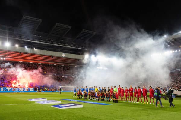  Liverpool players line-up before the UEFA Champions League Group A matchday 3 game between Liverpool FC and Glasgow Rangers FC at Anfield. (Pic by David Rawcliffe/Propaganda)
