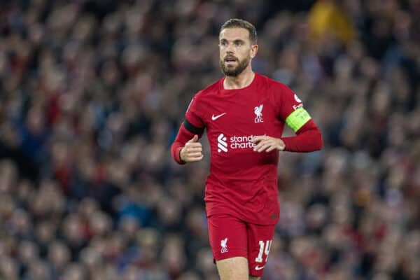 LIVERPOOL, ENGLAND - Tuesday, October 3, 2022: Liverpool's captain Jordan Henderson during the UEFA Champions League Group A matchday 3 game between Liverpool FC and Glasgow Rangers FC at Anfield. (Pic by David Rawcliffe/Propaganda)