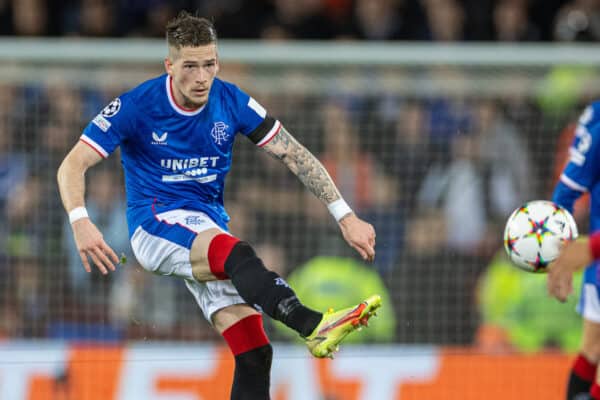 LIVERPOOL, ENGLAND - Tuesday, October 3, 2022: Glasgow Rangers' Ryan Kent during the UEFA Champions League Group A matchday 3 game between Liverpool FC and Glasgow Rangers FC at Anfield. (Pic by David Rawcliffe/Propaganda)