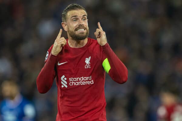 LIVERPOOL, ENGLAND - Tuesday, October 3, 2022: Liverpool's captain Jordan Henderson during the UEFA Champions League Group A matchday 3 game between Liverpool FC and Glasgow Rangers FC at Anfield. (Pic by David Rawcliffe/Propaganda)