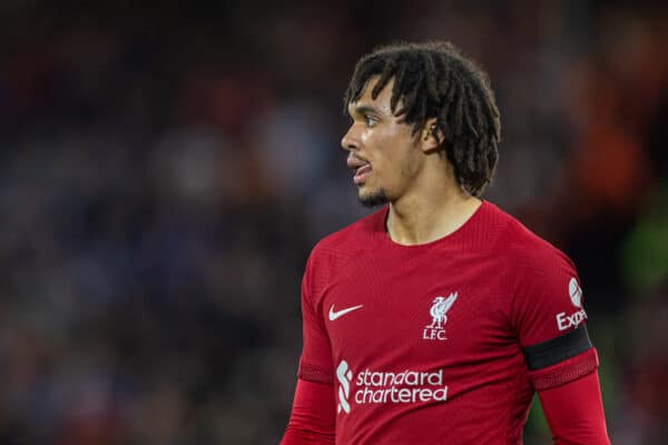 LIVERPOOL, ENGLAND - Tuesday, October 3, 2022: Liverpool's Trent Alexander-Arnold during the UEFA Champions League Group A matchday 3 game between Liverpool FC and Glasgow Rangers FC at Anfield. (Pic by David Rawcliffe/Propaganda)