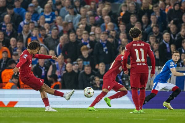 LIVERPOOL, ENGLAND - Tuesday, October 3, 2022: Liverpool's Trent Alexander-Arnold scores the opening goal during the UEFA Champions League Group A matchday 3 game between Liverpool FC and Glasgow Rangers FC at Anfield. (Pic by David Rawcliffe/Propaganda)