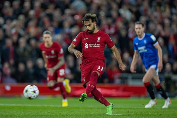 LIVERPOOL, ENGLAND - Tuesday, October 3, 2022: Liverpool's Mohamed Salah scores the second goal from a penalty kick during the UEFA Champions League Group A matchday 3 game between Liverpool FC and Glasgow Rangers FC at Anfield. (Pic by David Rawcliffe/Propaganda)