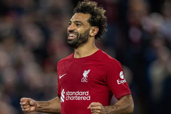 LIVERPOOL, ENGLAND - Tuesday, October 3, 2022: Liverpool's Mohamed Salah celebrates after scoring the second goal, from a penalty kick, during the UEFA Champions League Group A matchday 3 game between Liverpool FC and Glasgow Rangers FC at Anfield. (Pic by David Rawcliffe/Propaganda)