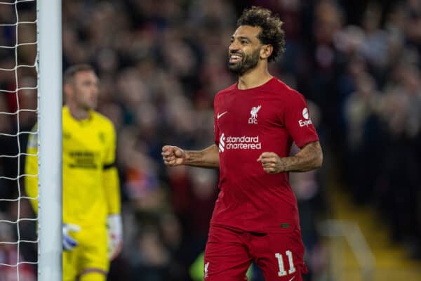 LIVERPOOL, ENGLAND - Tuesday, October 3, 2022: Liverpool's Mohamed Salah celebrates after scoring the second goal, from a penalty kick, during the UEFA Champions League Group A matchday 3 game between Liverpool FC and Glasgow Rangers FC at Anfield. (Pic by David Rawcliffe/Propaganda)