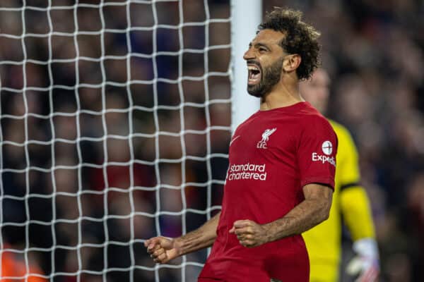 LIVERPOOL, ENGLAND - Tuesday, October 3, 2022: Liverpool's Mohamed Salah celebrates after scoring the second goal, from a penalty kick, during the UEFA Champions League Group A matchday 3 game between Liverpool FC and Glasgow Rangers FC at Anfield. (Pic by David Rawcliffe/Propaganda)