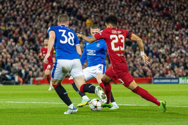 LIVERPOOL, ENGLAND - Tuesday, October 3, 2022: Liverpool's Luis Díaz is brought down for a penalty during the UEFA Champions League Group A matchday 3 game between Liverpool FC and Glasgow Rangers FC at Anfield. (Pic by David Rawcliffe/Propaganda)