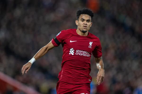 LIVERPOOL, ENGLAND - Tuesday, October 3, 2022: Liverpool's Luis Díaz during the UEFA Champions League Group A matchday 3 game between Liverpool FC and Glasgow Rangers FC at Anfield. (Pic by David Rawcliffe/Propaganda)