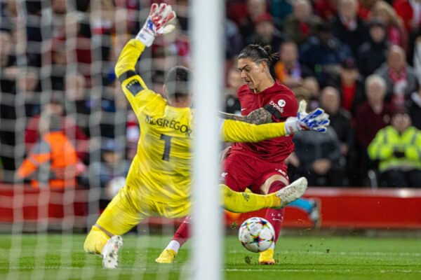 LIVERPOOL, ENGLAND - Tuesday, October 3, 2022: Liverpool's Darwin Núñez during the UEFA Champions League Group A matchday 3 game between Liverpool FC and Glasgow Rangers FC at Anfield. (Pic by David Rawcliffe/Propaganda)