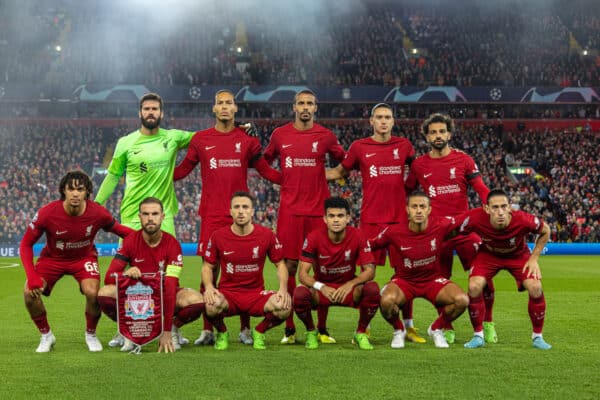 LIVERPOOL, ENGLAND - Tuesday, October 3, 2022: Liverpool's team lineup during the UEFA Champions League Group A matchday 3 game between Liverpool FC and Glasgow Rangers FC at Anfield. (Pic by David Rawcliffe/Propaganda)