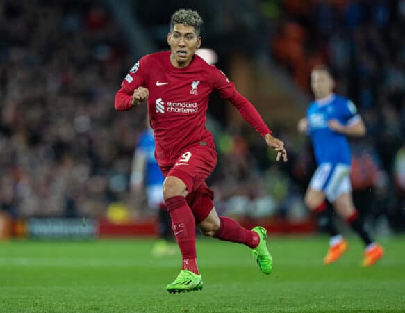 LIVERPOOL, ENGLAND - Tuesday, October 3, 2022: Liverpool's Roberto Firmino during the UEFA Champions League Group A matchday 3 game between Liverpool FC and Glasgow Rangers FC at Anfield. (Pic by David Rawcliffe/Propaganda)