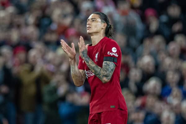 LIVERPOOL, ENGLAND - Tuesday, October 3, 2022: Liverpool's Darwin Núñez applauds the supporters as he is substituted during the UEFA Champions League Group A matchday 3 game between Liverpool FC and Glasgow Rangers FC at Anfield. (Pic by David Rawcliffe/Propaganda)