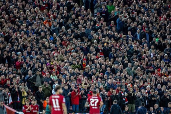 LIVERPOOL, ENGLAND - Tuesday, October 3, 2022: Liverpool's supporters applaud Darwin Núñez as he is substituted during the UEFA Champions League Group A matchday 3 game between Liverpool FC and Glasgow Rangers FC at Anfield. (Pic by David Rawcliffe/Propaganda)