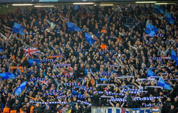 LIVERPOOL, ENGLAND - Tuesday, October 3, 2022: Glasgow Rangers supporters during the UEFA Champions League Group A matchday 3 game between Liverpool FC and Glasgow Rangers FC at Anfield. (Pic by David Rawcliffe/Propaganda)