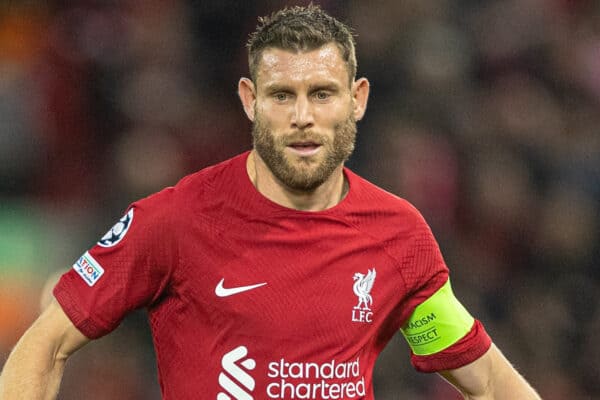 LIVERPOOL, ENGLAND - Tuesday, October 3, 2022: Liverpool's James Milner during the UEFA Champions League Group A matchday 3 game between Liverpool FC and Glasgow Rangers FC at Anfield. (Pic by David Rawcliffe/Propaganda)