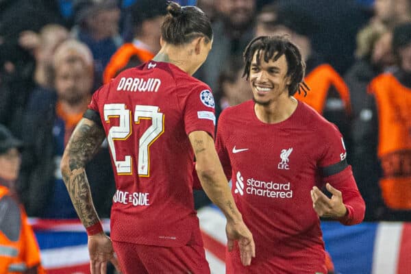 LIVERPOOL, ENGLAND - Tuesday, October 3, 2022: Liverpool's Trent Alexander-Arnold (R) celebrates with team-mate Darwin Núñez after scoring the opening goal during the UEFA Champions League Group A matchday 3 game between Liverpool FC and Glasgow Rangers FC at Anfield. (Pic by David Rawcliffe/Propaganda)