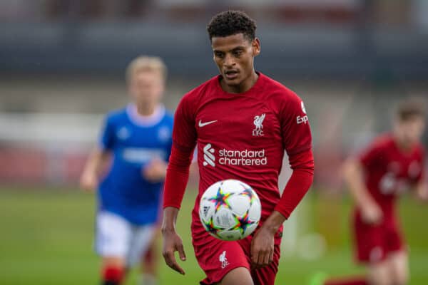 LIVERPOOL, ENGLAND - Tuesday, October 4, 2022: Liverpool's Melkamu Frauendorf during the UEFA Youth League Group A Matchday 3 game between Liverpool FC Under-19's and Glasgow Rangers FC Under-19's at the Liverpool Academy. (Pic by David Rawcliffe/Propaganda)