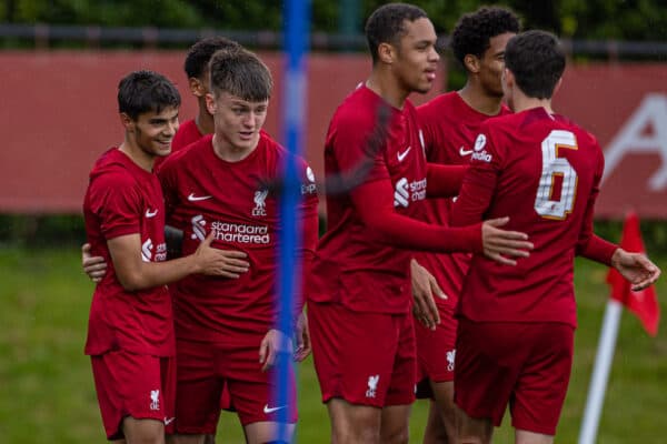 LIVERPOOL, ENGLAND - Tuesday, October 4, 2022: Liverpool's Oakley Cannonier (L) celebrates after scoring the first goal during the UEFA Youth League Group A Matchday 3 game between Liverpool FC Under-19's and Glasgow Rangers FC Under-19's at the Liverpool Academy. (Pic by David Rawcliffe/Propaganda)