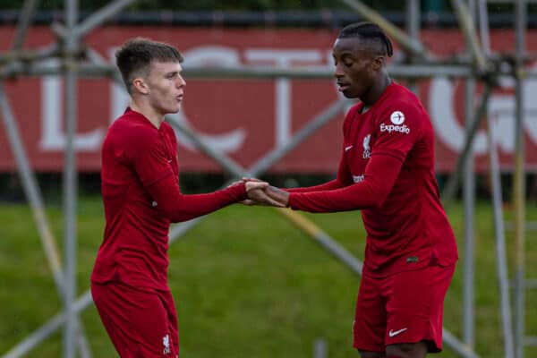 LIVERPOOL, ENGLAND - Tuesday, October 4, 2022: Liverpool's Ben Doak (L) celebrates with team-mate Isaac Mabaya after scoring the second goal during the UEFA Youth League Group A Matchday 3 game between Liverpool FC Under-19's and Glasgow Rangers FC Under-19's at the Liverpool Academy. (Pic by David Rawcliffe/Propaganda)