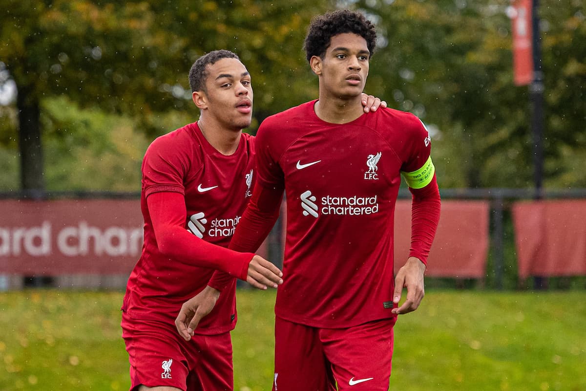 LIVERPOOL, ENGLAND - Tuesday, October 4, 2022: Liverpool's captain Jarell Quansah (R) celebrates with team-mate Lee Jonas after scoring the third goal during the UEFA Youth League Group A Matchday 3 game between Liverpool FC Under-19's and Glasgow Rangers FC Under-19's at the Liverpool Academy. (Pic by David Rawcliffe/Propaganda)