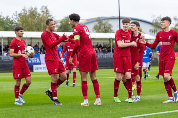 LIVERPOOL, ENGLAND - Tuesday, October 4, 2022: Liverpool's captain Jarell Quansah (R) celebrates with team-mate Lee Jonas after scoring the third goal during the UEFA Youth League Group A Matchday 3 game between Liverpool FC Under-19's and Glasgow Rangers FC Under-19's at the Liverpool Academy. (Pic by David Rawcliffe/Propaganda)