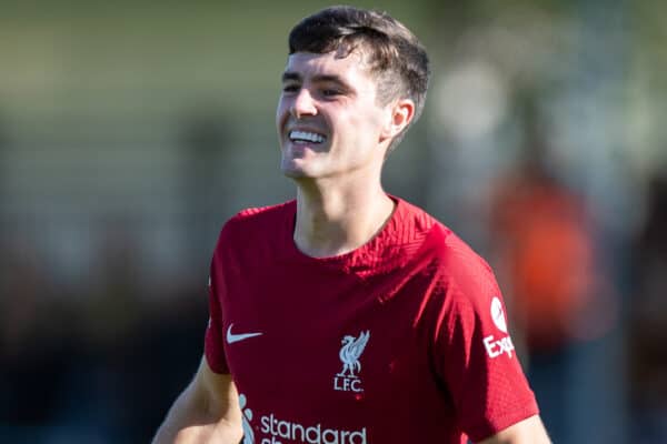 KIRKBY, ENGLAND - Saturday, October 8, 2022: Liverpool's Layton Stewart celebrates scoring the first goal during the Premier League 2 Division 1 match between Liverpool FC Under-21's and Wolverhampton Wanderers FC Under-21's at the Liverpool Academy. (Pic by Jessica Hornby/Propaganda)