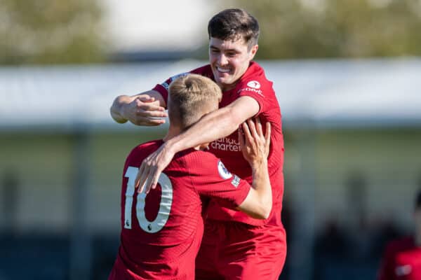 KIRKBY, ENGLAND - Saturday, October 8, 2022: Liverpool's Layton Stewart (R) celebrates scoring the first goal with team-mates captain Jake Cain during the Premier League 2 Division 1 match between Liverpool FC Under-21's and Wolverhampton Wanderers FC Under-21's at the Liverpool Academy. (Pic by Jessica Hornby/Propaganda)