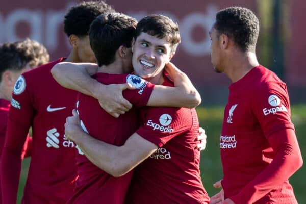 KIRKBY, ENGLAND - Saturday, October 8, 2022: Liverpool's Layton Stewart (C) celebrates scoring the second goal with team-mates during the Premier League 2 Division 1 match between Liverpool FC Under-21's and Wolverhampton Wanderers FC Under-21's at the Liverpool Academy. (Pic by Jessica Hornby/Propaganda)