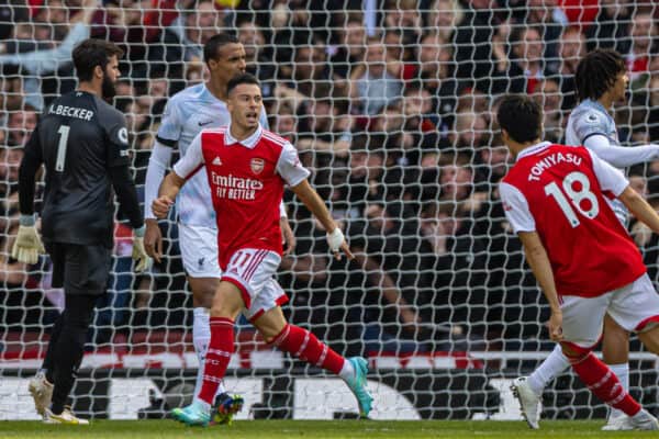 LONDON, ENGLAND - Sunday, October 9, 2022: Arsenal's Gabriel Martinelli celebrates after scoring the first goal during the FA Premier League match between Arsenal FC and Liverpool FC at the Emirates Stadium. (Pic by David Rawcliffe/Propaganda)