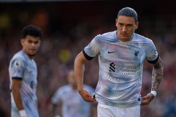 LONDON, ENGLAND - Sunday, October 9, 2022: Liverpool's Darwin Núñez during the FA Premier League match between Arsenal FC and Liverpool FC at the Emirates Stadium. (Pic by David Rawcliffe/Propaganda)