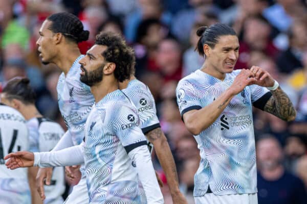 LONDON, ENGLAND - Sunday, October 9, 2022: Liverpool's Darwin Núñez (R) celebrates after scoring hi side's first equalising goal during the FA Premier League match between Arsenal FC and Liverpool FC at the Emirates Stadium. (Pic by David Rawcliffe/Propaganda)