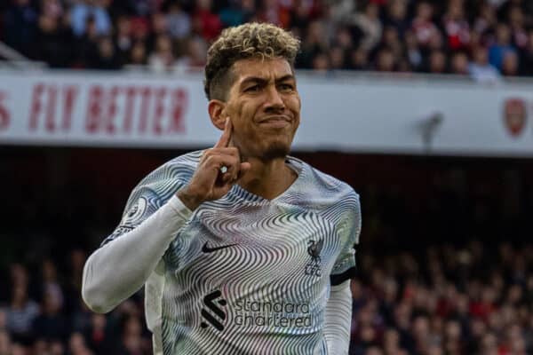 LONDON, ENGLAND - Sunday, October 9, 2022: Liverpool's Roberto Firmino celebrates after scoring his side's second equalising goal during the FA Premier League match between Arsenal FC and Liverpool FC at the Emirates Stadium. (Pic by David Rawcliffe/Propaganda)