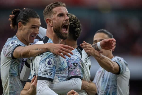 LONDON, ENGLAND - Sunday, October 9, 2022: Liverpool's captain Jordan Henderson celebrates as his side score a second equalising goal during the FA Premier League match between Arsenal FC and Liverpool FC at the Emirates Stadium. (Pic by David Rawcliffe/Propaganda)