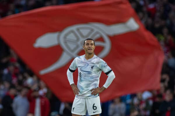 LONDON, ENGLAND - Sunday, October 9, 2022: Liverpool's Thiago Alcântara looks dejected as Arsenal score the third goal during the FA Premier League match between Arsenal FC and Liverpool FC at the Emirates Stadium. (Pic by David Rawcliffe/Propaganda)