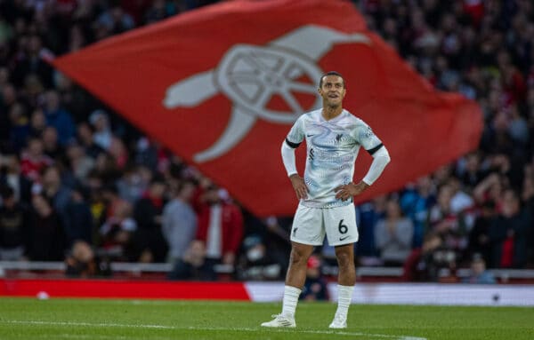 LONDON, ENGLAND - Sunday, October 9, 2022: Liverpool's Thiago Alcântara looks dejected as Arsenal score the third goal during the FA Premier League match between Arsenal FC and Liverpool FC at the Emirates Stadium. (Pic by David Rawcliffe/Propaganda)