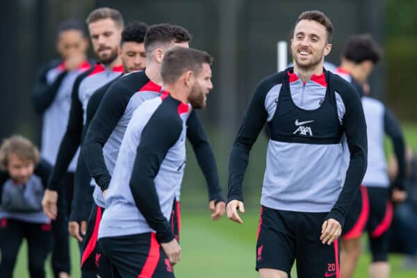 LIVERPOOL, ENGLAND - Tuesday, October 11, 2022: Liverpool's Diogo Jota during a training session at the AXA Training Centre ahead of the UEFA Champions League Group A matchday 4 game between Glasgow Rangers FC and Liverpool FC. (Pic by Jessica Hornby/Propaganda)