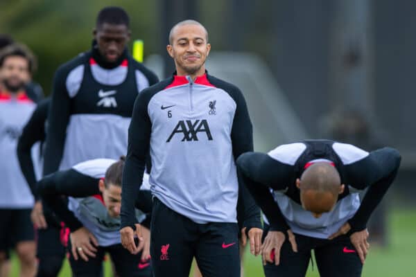 LIVERPOOL, ENGLAND - Tuesday, October 11, 2022: Liverpool's Thiago Alcantara during a training session at the AXA Training Centre ahead of the UEFA Champions League Group A matchday 4 game between Glasgow Rangers FC and Liverpool FC. (Pic by Jessica Hornby/Propaganda)