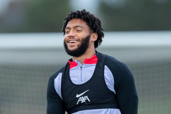 LIVERPOOL, ENGLAND - Tuesday, October 11, 2022: Liverpool's Joe Gomez during a training session at the AXA Training Centre ahead of the UEFA Champions League Group A matchday 4 game between Glasgow Rangers FC and Liverpool FC. (Pic by Jessica Hornby/Propaganda)