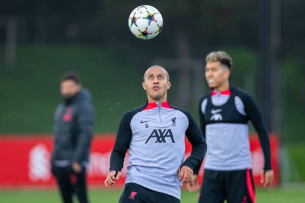 LIVERPOOL, ENGLAND - Tuesday, October 11, 2022: Liverpool's Thiago Alcantara during a training session at the AXA Training Centre ahead of the UEFA Champions League Group A matchday 4 game between Glasgow Rangers FC and Liverpool FC. (Pic by Jessica Hornby/Propaganda)