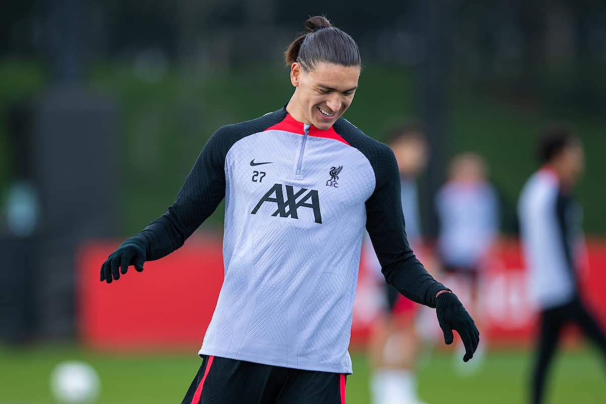 LIVERPOOL, ENGLAND - Tuesday, October 11, 2022: Liverpool's Darwin Nunez during a training session at the AXA Training Centre ahead of the UEFA Champions League Group A matchday 4 game between Glasgow Rangers FC and Liverpool FC. (Pic by Jessica Hornby/Propaganda)