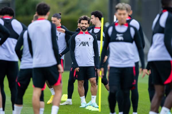 LIVERPOOL, ENGLAND - Tuesday, October 11, 2022: Liverpool's Mohamed Salah during a training session at the AXA Training Centre ahead of the UEFA Champions League Group A matchday 4 game between Glasgow Rangers FC and Liverpool FC. (Pic by Jessica Hornby/Propaganda)