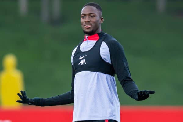 LIVERPOOL, ENGLAND - Tuesday, October 11, 2022: Liverpool's Ibrahima Konate during a training session at the AXA Training Centre ahead of the UEFA Champions League Group A matchday 4 game between Glasgow Rangers FC and Liverpool FC. (Pic by Jessica Hornby/Propaganda)