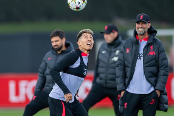 LIVERPOOL, ENGLAND - Tuesday, October 11, 2022: Liverpool's Roberto Firmino during a training session at the AXA Training Centre ahead of the UEFA Champions League Group A matchday 4 game between Glasgow Rangers FC and Liverpool FC. (Pic by Jessica Hornby/Propaganda)