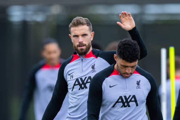 LIVERPOOL, ENGLAND - Tuesday, October 11, 2022: Liverpool's captain Jordan Henderson during a training session at the AXA Training Centre ahead of the UEFA Champions League Group A matchday 4 game between Glasgow Rangers FC and Liverpool FC. (Pic by Jessica Hornby/Propaganda)