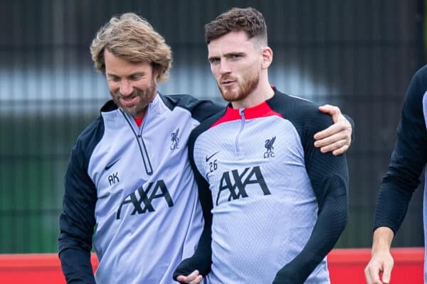 LIVERPOOL, ENGLAND - Tuesday, October 11, 2022: Liverpool's Liverpool's Head of fitness and conditioning Andreas Kornmayer (Centre L) and Andy Robertson (Centre R) during a training session at the AXA Training Centre ahead of the UEFA Champions League Group A matchday 4 game between Glasgow Rangers FC and Liverpool FC. (Pic by Jessica Hornby/Propaganda)