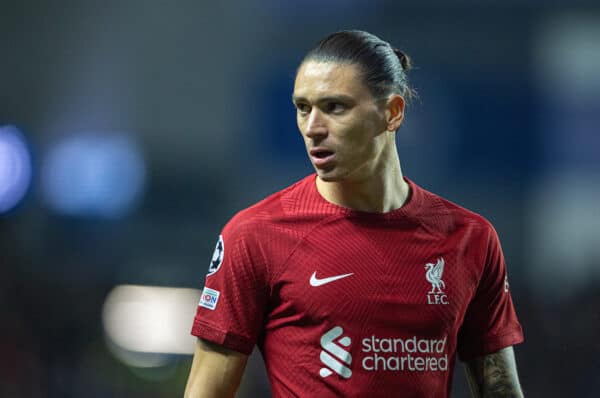 GLASGOW, SCOTLAND - Wednesday, October 12, 2022: Liverpool's Darwin Núñez during the UEFA Champions League Group A matchday 4 game between Glasgow Rangers FC and Liverpool FC at Ibrox Stadium. (Pic by David Rawcliffe/Propaganda)