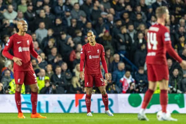 GLASGOW, SCOTLAND - Wednesday, October 12, 2022: Liverpool's Virgil van Dijk looks dejected as Glasgow Rangers score the opening goal during the UEFA Champions League Group A matchday 4 game between Glasgow Rangers FC and Liverpool FC at Ibrox Stadium. (Pic by David Rawcliffe/Propaganda)